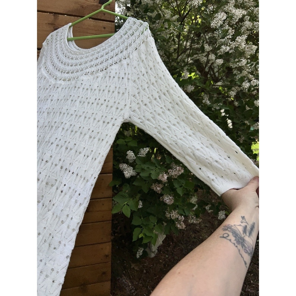 Melia XL Crochet Knit Sweater White Boho Beachy Open Knit Cotton Blend - Picture 3 of 10